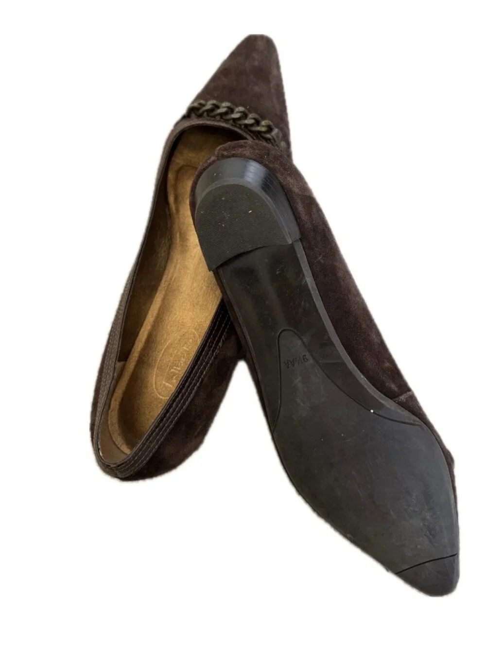 Talbots chocolate suede ballet low heel Sz 9.5 shoes with chain vamp